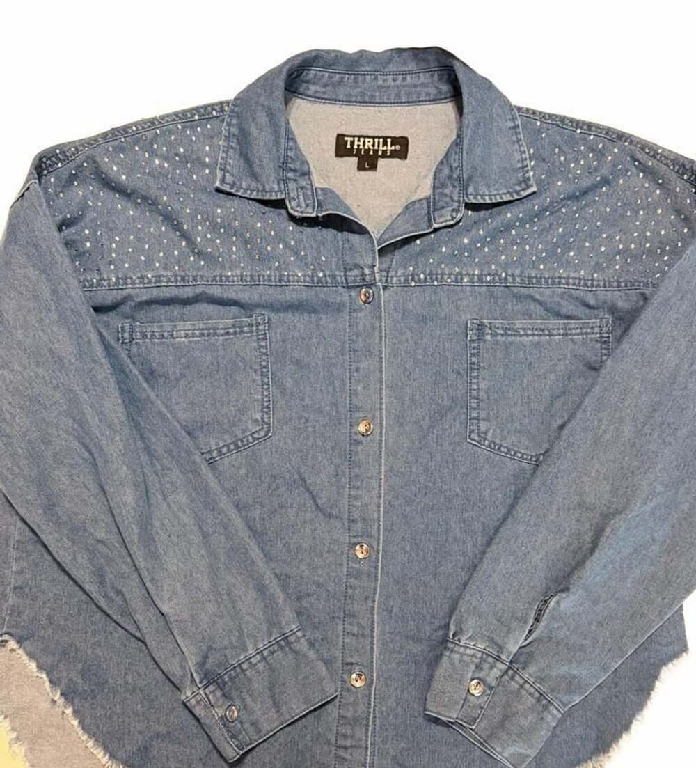 Thrill Jeans Denim Shirt Size L Studded Embellished Raw Hem